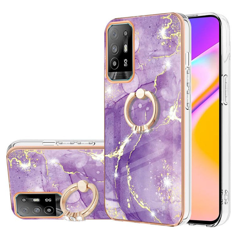 YB IMD Series-10 for Oppo A94 5G/A95 5G Light Slim IMD Rotating Ring Kickstand Design Marble Pattern Electroplating Frame TPU Soft Phone Case Shell - Purple 002