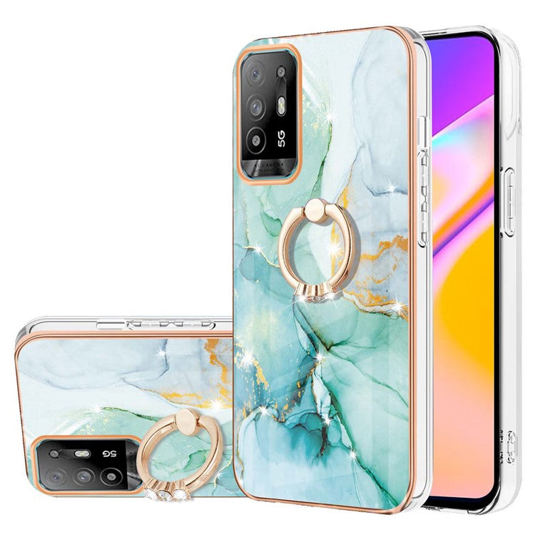 YB IMD Series-10 for Oppo A94 5G/A95 5G Light Slim IMD Rotating Ring Kickstand Design Marble Pattern Electroplating Frame TPU Soft Phone Case Shell - Green 003