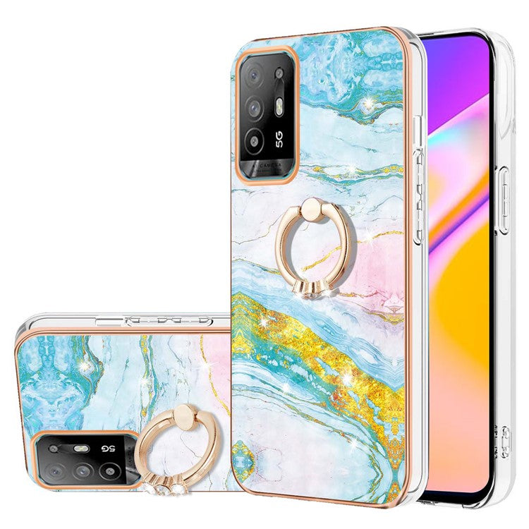 YB IMD Series-10 for Oppo A94 5G/A95 5G Light Slim IMD Rotating Ring Kickstand Design Marble Pattern Electroplating Frame TPU Soft Phone Case Shell - Green 004