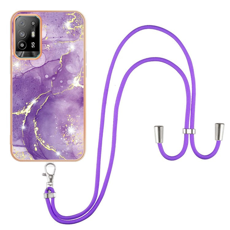 YB IMD Series-9 Marble Pattern Case for Oppo A95 5G/A94 5G Ultra-slim Light Electroplating Frame TPU IMD Lanyard Mobile Phone Case - Purple 002