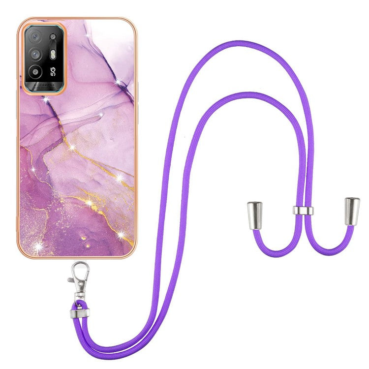 YB IMD Series-9 Marble Pattern Case for Oppo A95 5G/A94 5G Ultra-slim Light Electroplating Frame TPU IMD Lanyard Mobile Phone Case - Purple 001