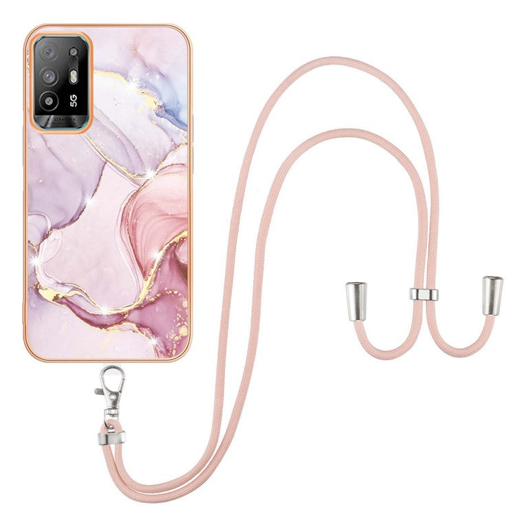 YB IMD Series-9 Marble Pattern Case for Oppo A95 5G/A94 5G Ultra-slim Light Electroplating Frame TPU IMD Lanyard Mobile Phone Case - Rose Gold 005