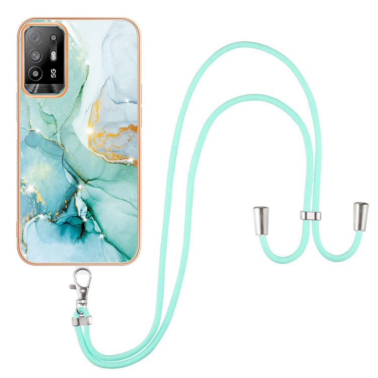 YB IMD Series-9 Marble Pattern Case for Oppo A95 5G/A94 5G Ultra-slim Light Electroplating Frame TPU IMD Lanyard Mobile Phone Case - Green 003