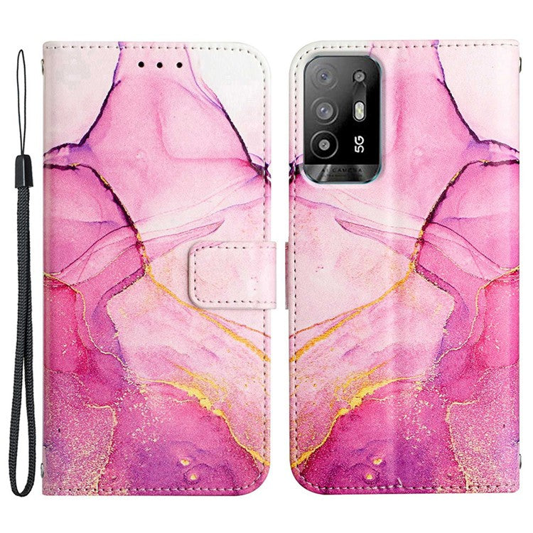 YB Pattern Printing Leather Series-5 for Oppo A94 5G/A95 5G/F19 Pro+ 5G/Reno5 Z 5G Marble Pattern PU Leather Adjustable Stand Cellphone Wallet Case - Pink Purple Gold LS001