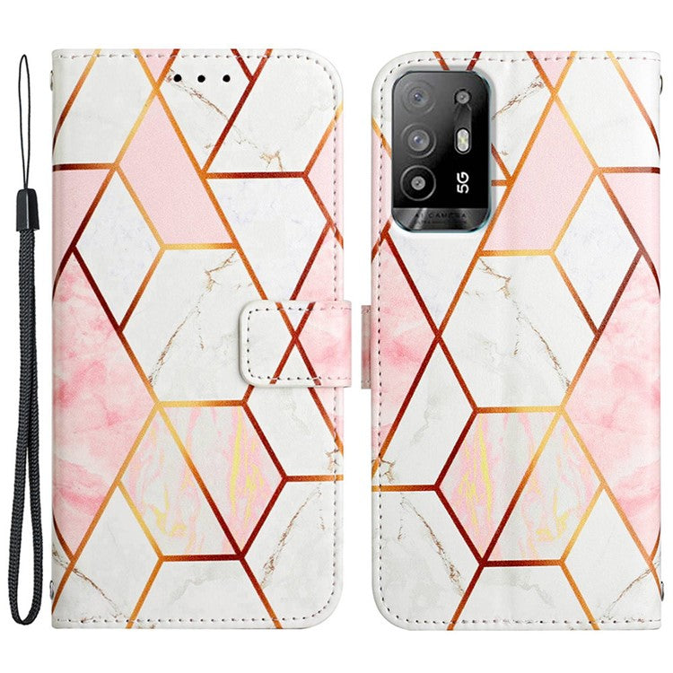 YB Pattern Printing Leather Series-5 for Oppo A94 5G/A95 5G/F19 Pro+ 5G/Reno5 Z 5G Marble Pattern PU Leather Adjustable Stand Cellphone Wallet Case - Pink White LS002