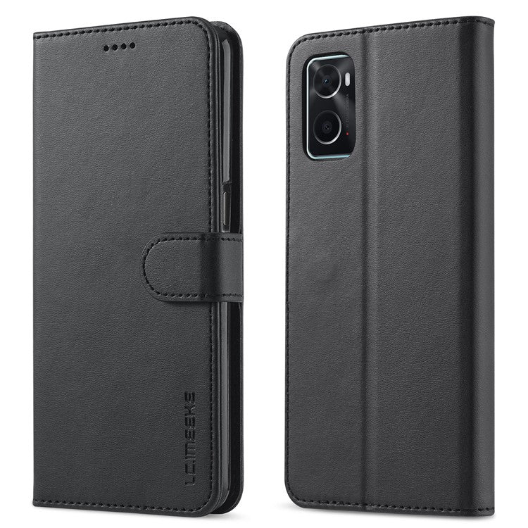 LC.IMEEKE for Realme 9i/Oppo A36/Oppo A76 Textured PU Leather Flip Folio Stand Case Mobile Phone Wallet Case Cover - Black