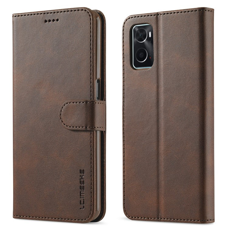 LC.IMEEKE for Realme 9i/Oppo A36/Oppo A76 Textured PU Leather Flip Folio Stand Case Mobile Phone Wallet Case Cover - Brown