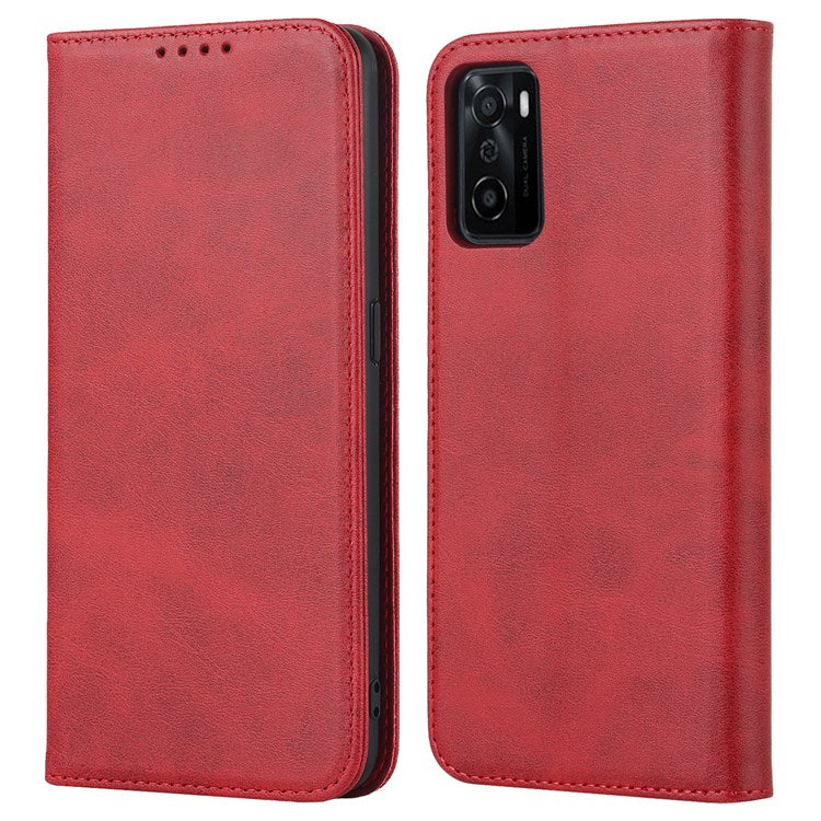 Textured PU Leather Wallet Case for Oppo A55s 5G, Magnetic Auto-absorbed Adjustable Phone Cover - Red