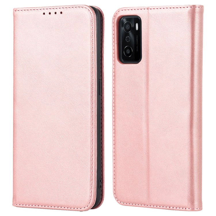 Textured PU Leather Wallet Case for Oppo A55s 5G, Magnetic Auto-absorbed Adjustable Phone Cover - Rose Gold