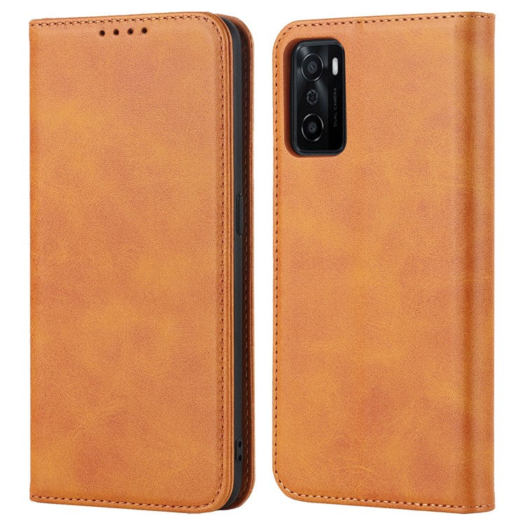 Textured PU Leather Wallet Case for Oppo A55s 5G, Magnetic Auto-absorbed Adjustable Phone Cover - Light Brown