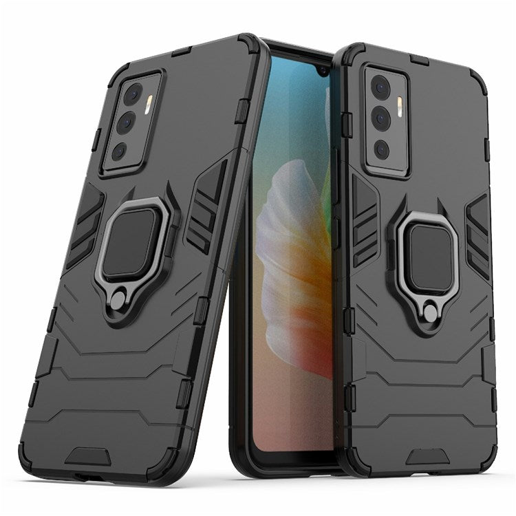 For vivo S10e Precise Cutout TPU+ Hard PC Case Foldable Ring Kickstand Anti-fall Cover - Black