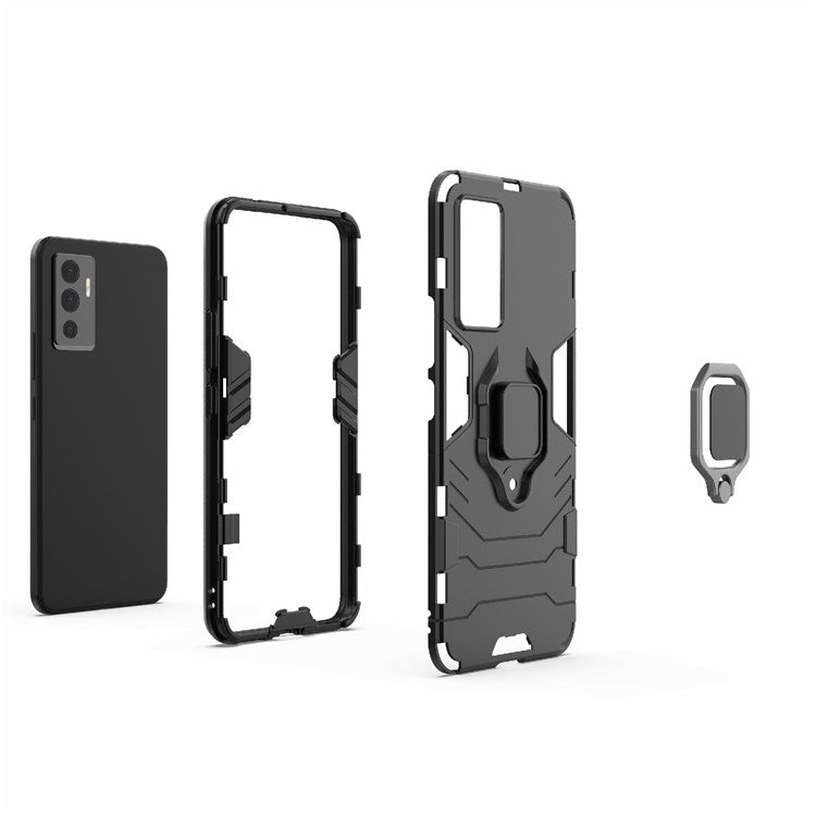 For vivo S10e Precise Cutout TPU+ Hard PC Case Foldable Ring Kickstand Anti-fall Cover - Black