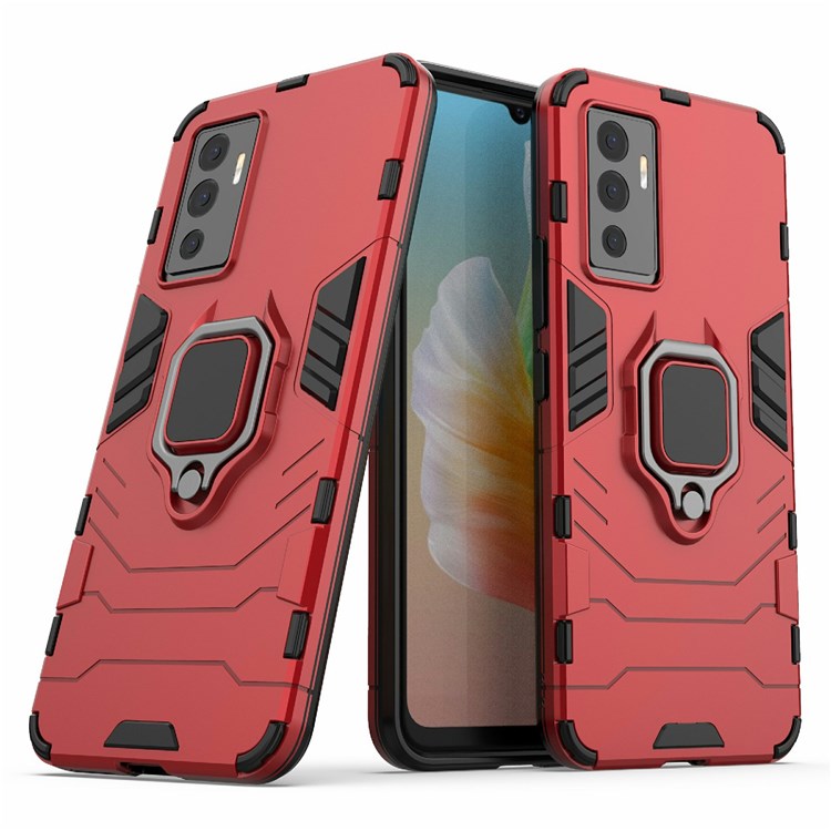 For vivo S10e Precise Cutout TPU+ Hard PC Case Foldable Ring Kickstand Anti-fall Cover - Red