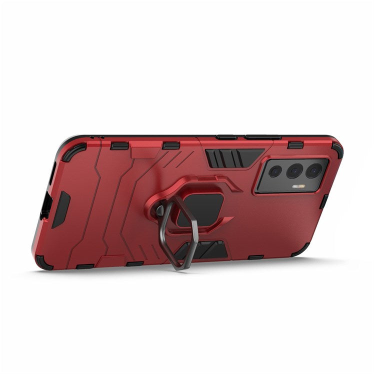 For vivo S10e Precise Cutout TPU+ Hard PC Case Foldable Ring Kickstand Anti-fall Cover - Red