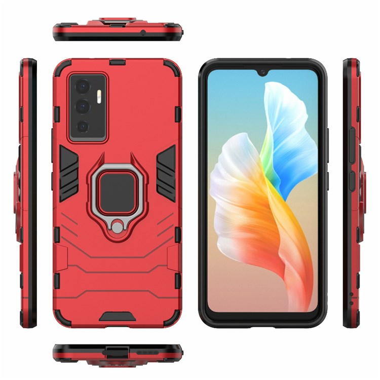 For vivo S10e Precise Cutout TPU+ Hard PC Case Foldable Ring Kickstand Anti-fall Cover - Red