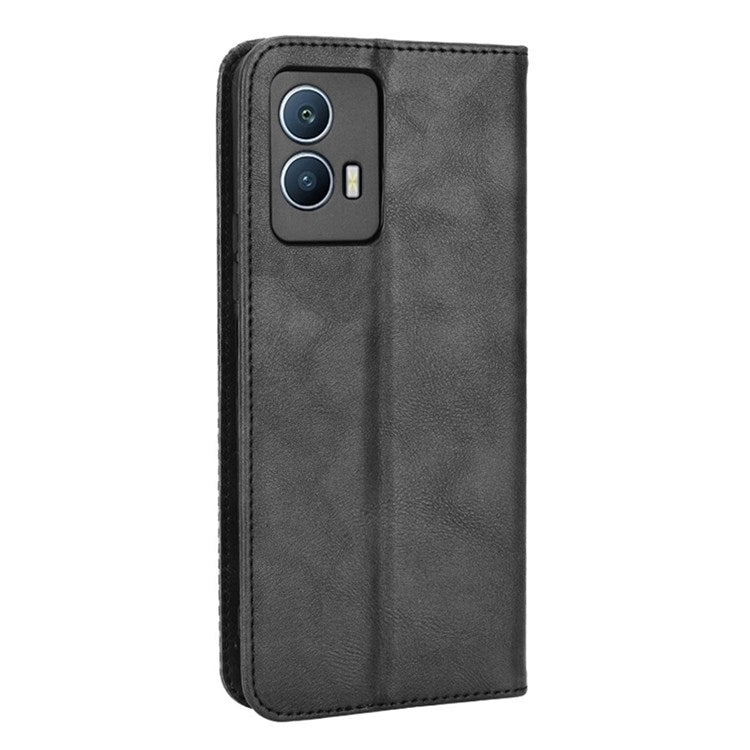 For vivo iQOO U5 Retro Leather Adjustable Stand Magnetic Shell Mosaic Imprinted Wallet Style Cover - Black