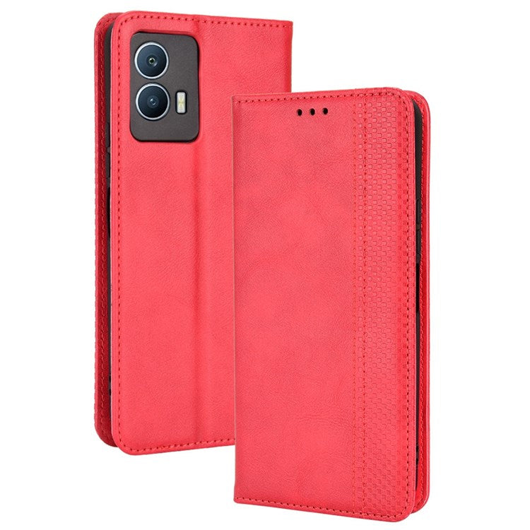 For vivo iQOO U5 Retro Leather Adjustable Stand Magnetic Shell Mosaic Imprinted Wallet Style Cover - Red