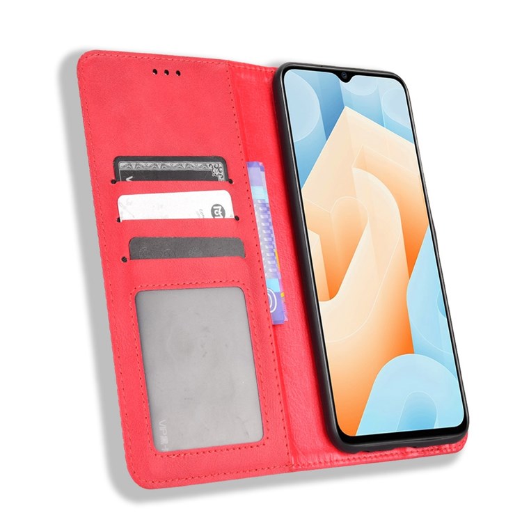 For vivo iQOO U5 Retro Leather Adjustable Stand Magnetic Shell Mosaic Imprinted Wallet Style Cover - Red