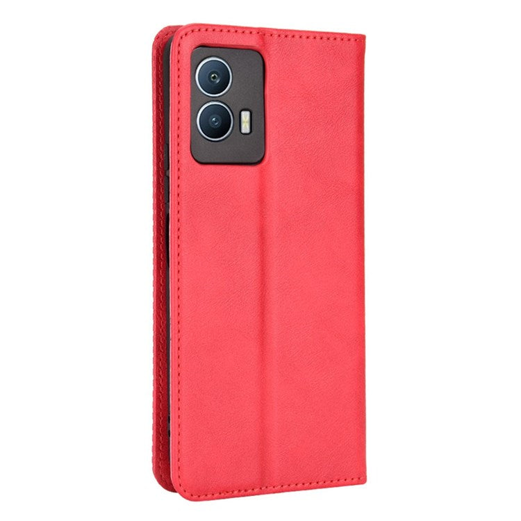 For vivo iQOO U5 Retro Leather Adjustable Stand Magnetic Shell Mosaic Imprinted Wallet Style Cover - Red