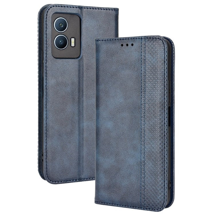 For vivo iQOO U5 Retro Leather Adjustable Stand Magnetic Shell Mosaic Imprinted Wallet Style Cover - Blue