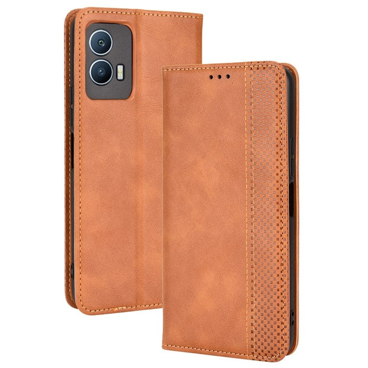 For vivo iQOO U5 Retro Leather Adjustable Stand Magnetic Shell Mosaic Imprinted Wallet Style Cover - Brown