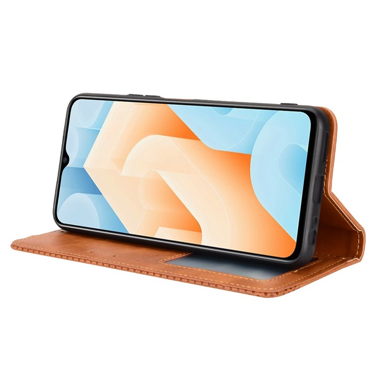 For vivo iQOO U5 Retro Leather Adjustable Stand Magnetic Shell Mosaic Imprinted Wallet Style Cover - Brown