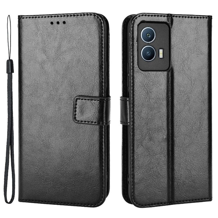 For vivo iQOO U5 Anti-scratch Shockproof Crazy Horse Leather Case Wallet Stand Protector with Strap - Black