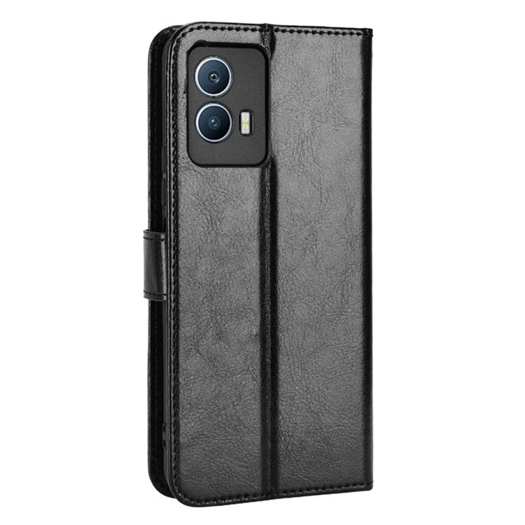 For vivo iQOO U5 Anti-scratch Shockproof Crazy Horse Leather Case Wallet Stand Protector with Strap - Black