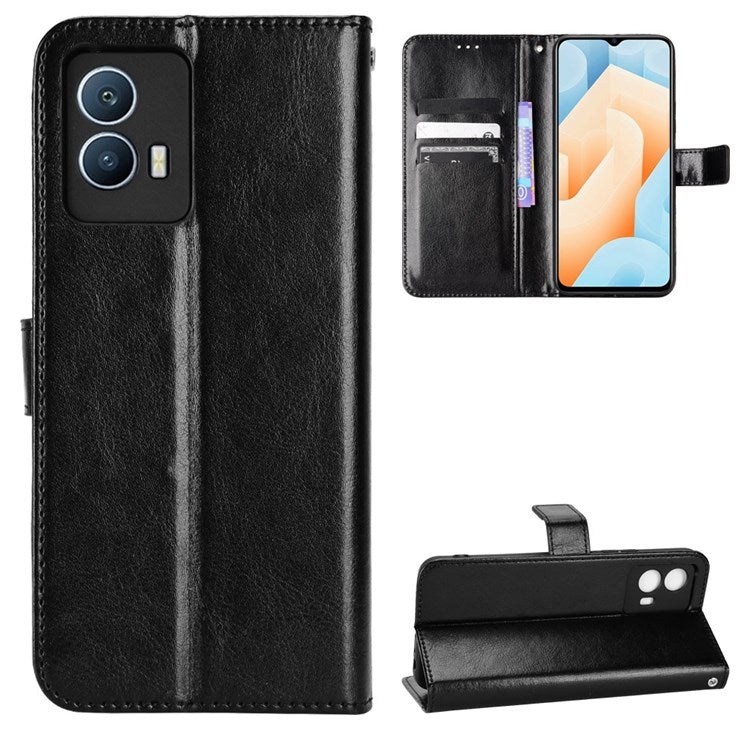 For vivo iQOO U5 Anti-scratch Shockproof Crazy Horse Leather Case Wallet Stand Protector with Strap - Black