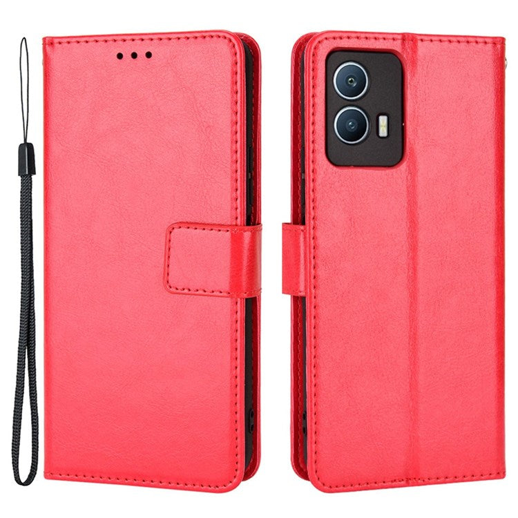 For vivo iQOO U5 Anti-scratch Shockproof Crazy Horse Leather Case Wallet Stand Protector with Strap - Red