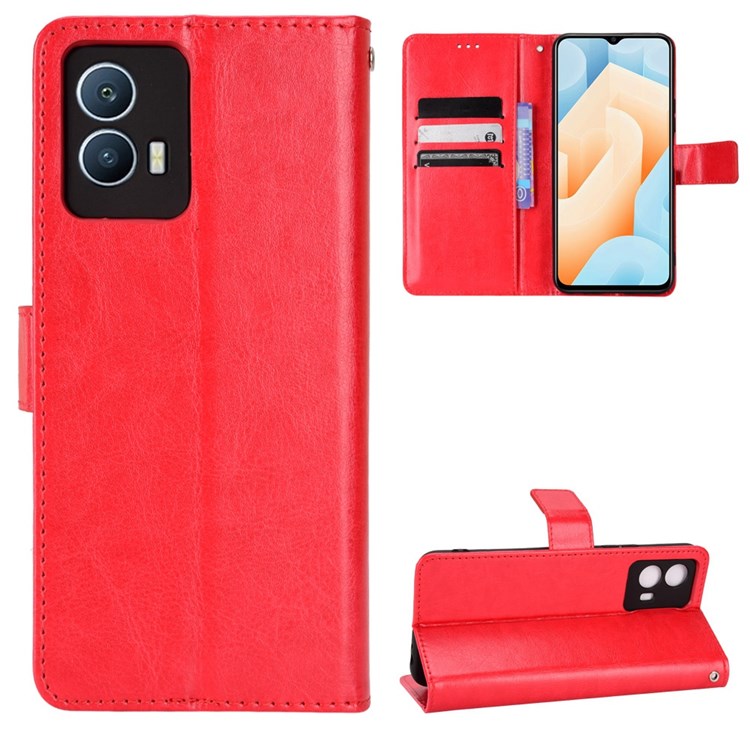 For vivo iQOO U5 Anti-scratch Shockproof Crazy Horse Leather Case Wallet Stand Protector with Strap - Red