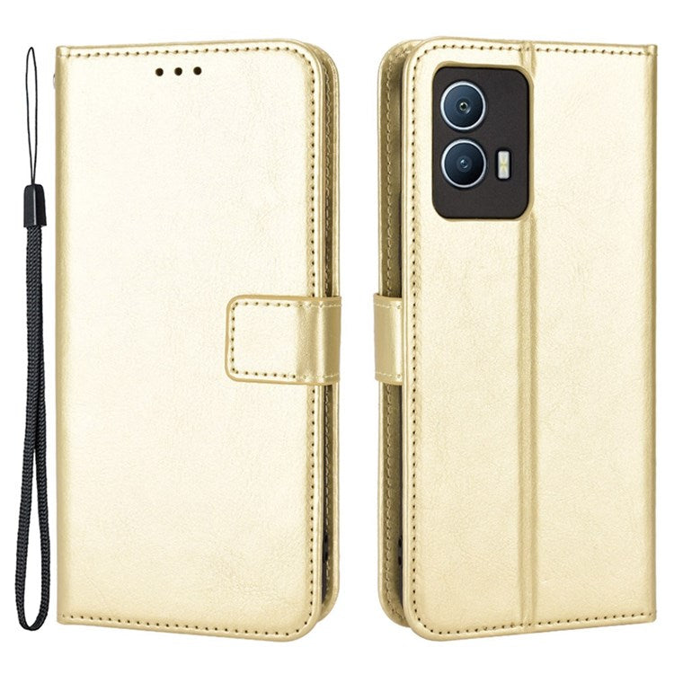 For vivo iQOO U5 Anti-scratch Shockproof Crazy Horse Leather Case Wallet Stand Protector with Strap - Gold