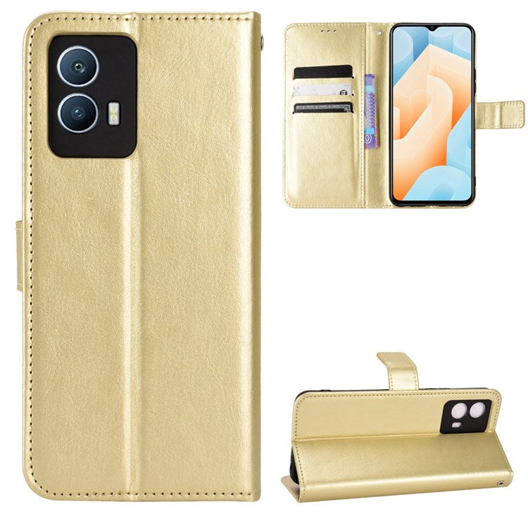 For vivo iQOO U5 Anti-scratch Shockproof Crazy Horse Leather Case Wallet Stand Protector with Strap - Gold