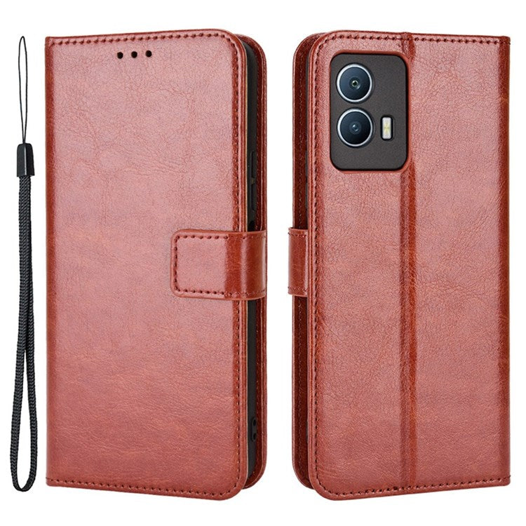 For vivo iQOO U5 Anti-scratch Shockproof Crazy Horse Leather Case Wallet Stand Protector with Strap - Brown