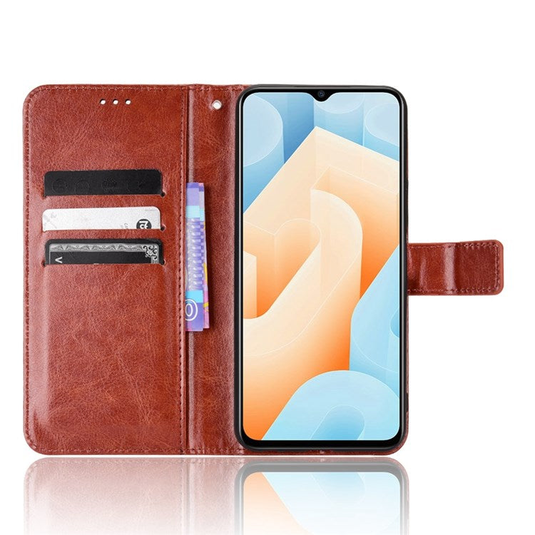 For vivo iQOO U5 Anti-scratch Shockproof Crazy Horse Leather Case Wallet Stand Protector with Strap - Brown