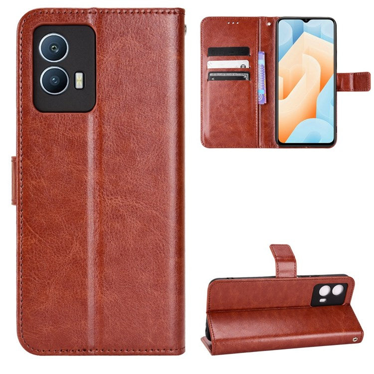 For vivo iQOO U5 Anti-scratch Shockproof Crazy Horse Leather Case Wallet Stand Protector with Strap - Brown