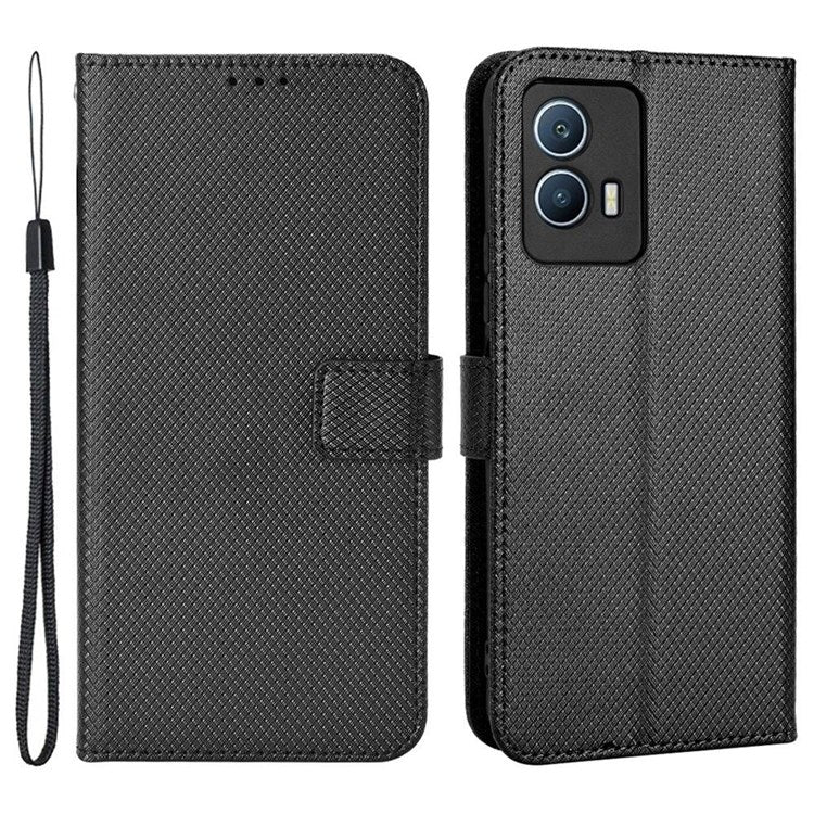 For vivo iQOO U5 Anti-fall Protection PU Leather Cover Diamond Texture Wallet Stand Magnetic Mobile Phone Case - Black