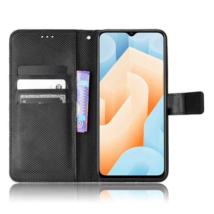 For vivo iQOO U5 Anti-fall Protection PU Leather Cover Diamond Texture Wallet Stand Magnetic Mobile Phone Case - Black