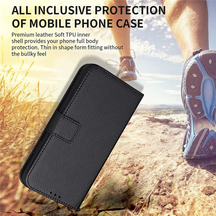 For vivo iQOO U5 Anti-fall Protection PU Leather Cover Diamond Texture Wallet Stand Magnetic Mobile Phone Case - Black