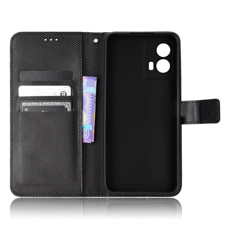 For vivo iQOO U5 Anti-fall Protection PU Leather Cover Diamond Texture Wallet Stand Magnetic Mobile Phone Case - Black