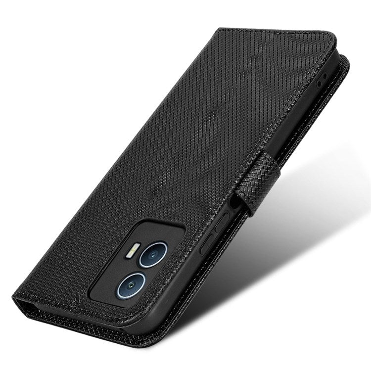 For vivo iQOO U5 Anti-fall Protection PU Leather Cover Diamond Texture Wallet Stand Magnetic Mobile Phone Case - Black