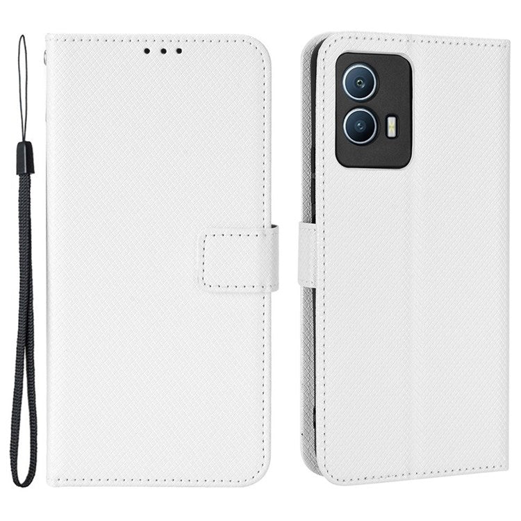 For vivo iQOO U5 Anti-fall Protection PU Leather Cover Diamond Texture Wallet Stand Magnetic Mobile Phone Case - White