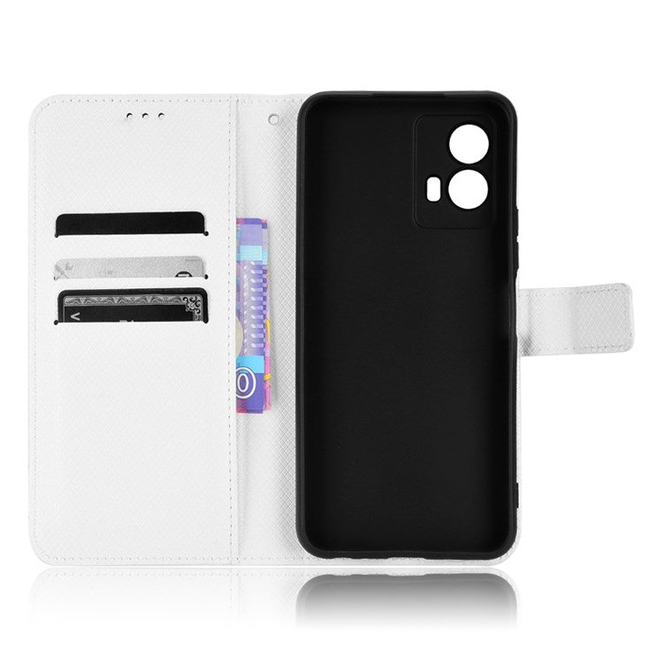 For vivo iQOO U5 Anti-fall Protection PU Leather Cover Diamond Texture Wallet Stand Magnetic Mobile Phone Case - White