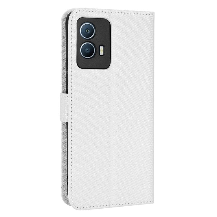 For vivo iQOO U5 Anti-fall Protection PU Leather Cover Diamond Texture Wallet Stand Magnetic Mobile Phone Case - White