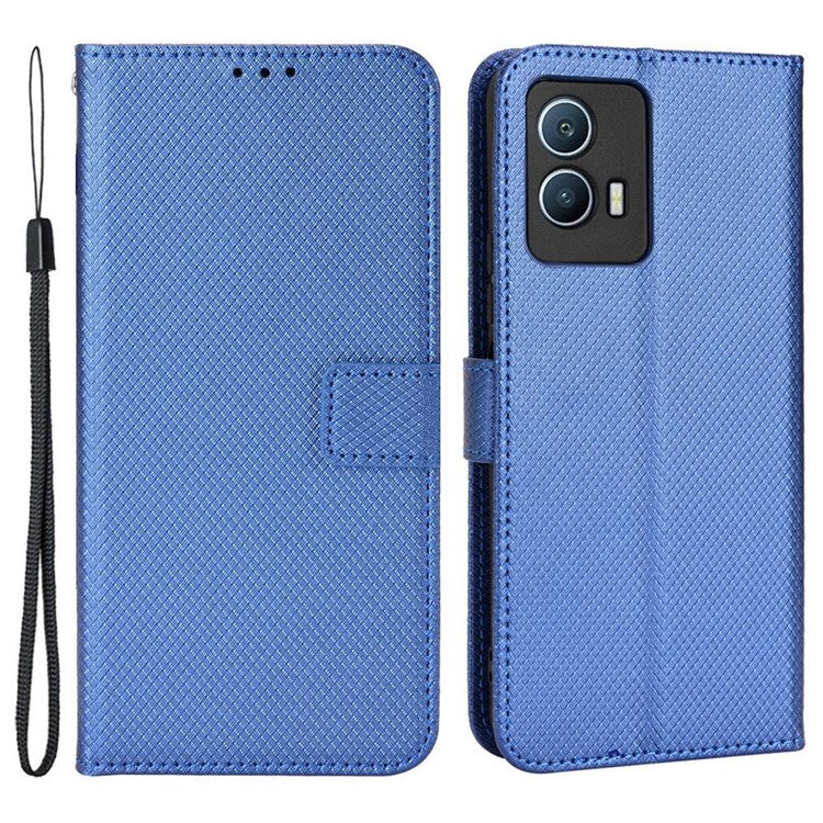 For vivo iQOO U5 Anti-fall Protection PU Leather Cover Diamond Texture Wallet Stand Magnetic Mobile Phone Case - Blue