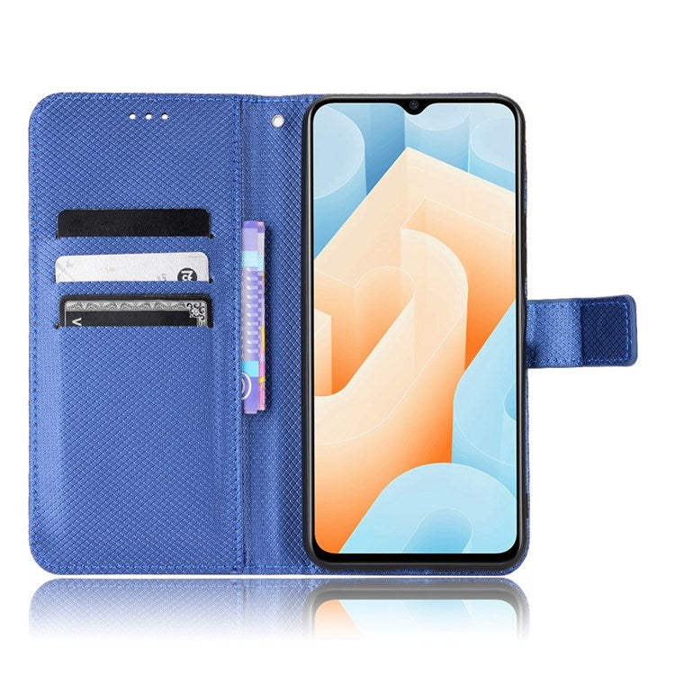 For vivo iQOO U5 Anti-fall Protection PU Leather Cover Diamond Texture Wallet Stand Magnetic Mobile Phone Case - Blue