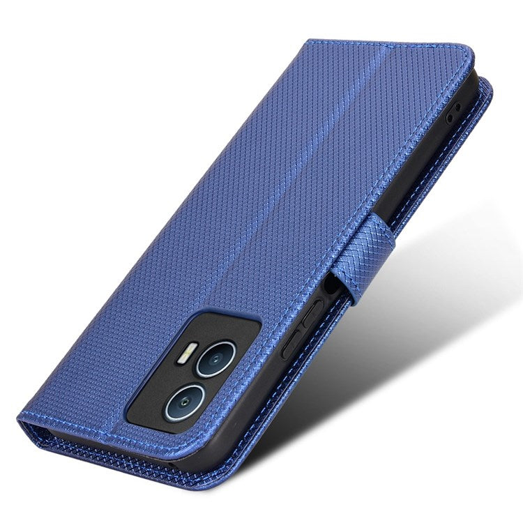 For vivo iQOO U5 Anti-fall Protection PU Leather Cover Diamond Texture Wallet Stand Magnetic Mobile Phone Case - Blue