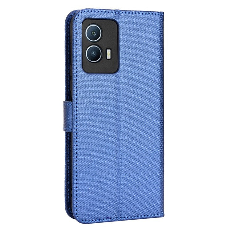 For vivo iQOO U5 Anti-fall Protection PU Leather Cover Diamond Texture Wallet Stand Magnetic Mobile Phone Case - Blue