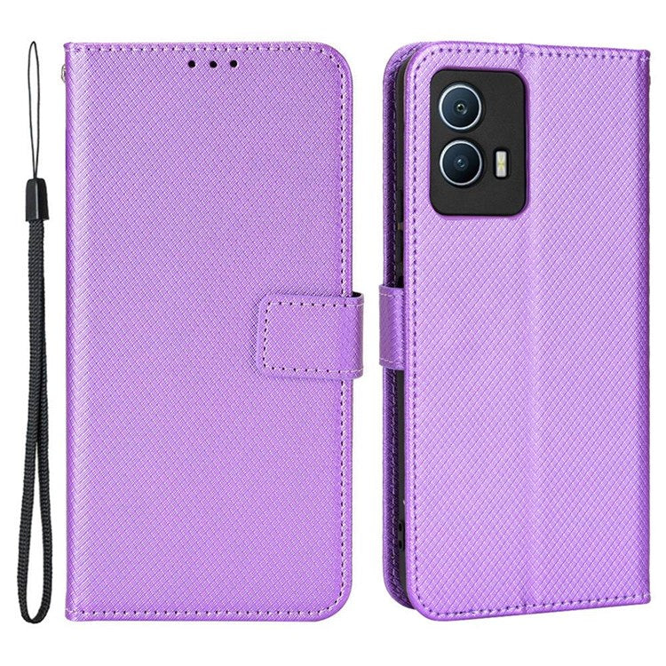 For vivo iQOO U5 Anti-fall Protection PU Leather Cover Diamond Texture Wallet Stand Magnetic Mobile Phone Case - Purple