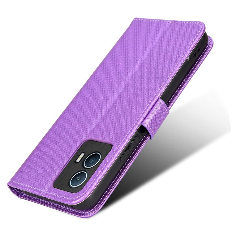 For vivo iQOO U5 Anti-fall Protection PU Leather Cover Diamond Texture Wallet Stand Magnetic Mobile Phone Case - Purple